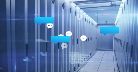 Floating speech bubble icons moving in data center corridor, with server Stock Photos