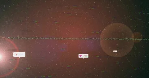 Floating speech-bubble label displaying pink heart count in red space with lens 스톡 사진