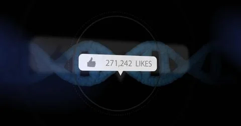 Floating speech-bubble notification showing likes at digital void, 3D DNA helix 스톡 사진