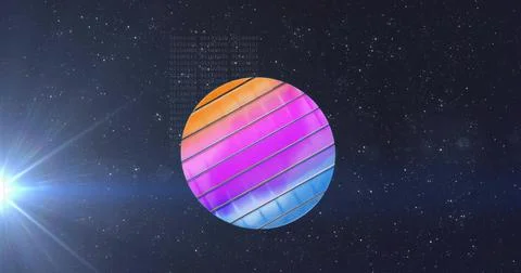 Floating sphere displaying gradient stripes in space with star field, lens fl Stock Illustration