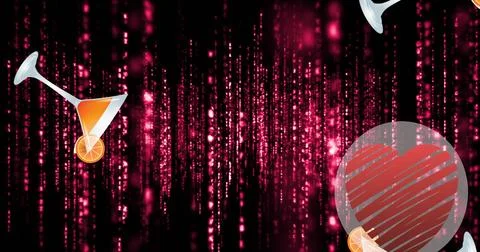 Floating sphere enclosing red heart over digital backdrop with tilted martini Stockfoto's