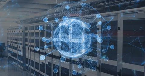 Floating sphere mapping network nodes inside data center, with server cabinets Stock Photos