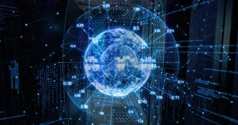 Floating sphere projecting data points numeric overlays and network lines in Illustrazione stock