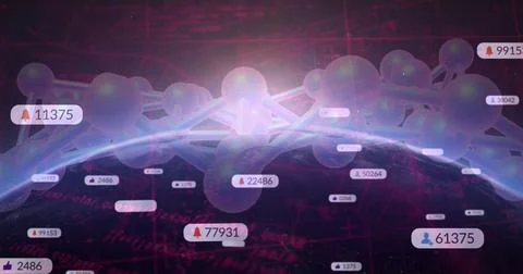 Floating sphere rod network over curved digital globe, with notification icons, Stock Photos