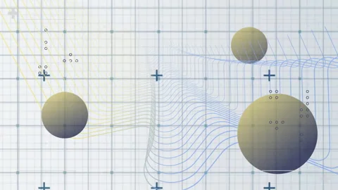 Floating spheres with animation on grid, showing wavy lines and math symbols Stock Footage 304203223