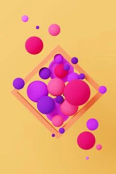 Floating spheres inside a square frame. 3D illustration. Stock Illustration