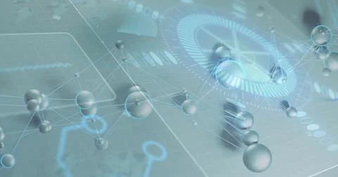 Floating spheres linking with glowing lines above grid, with holographic rings Stock Photos