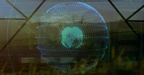 Floating spherical data-point globe displaying binary code in greenhouse, with 스톡 사진