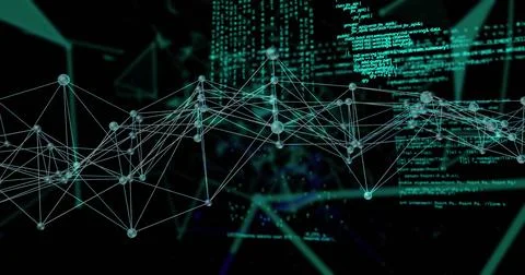 Floating spherical nodes forming network in virtual space, with lines and Illustrazione stock