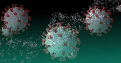 Floating spherical viral particle sporting red spikes over gradient backdrop, Stock Illustration
