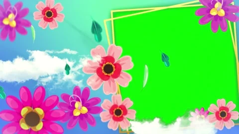 Floating spring flowers surround green screen frames against bright blue sky Stock Footage 340881649