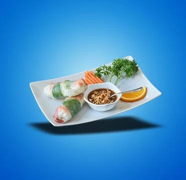 Floating  Spring roll on white Plate on blue gradient Stock Photos