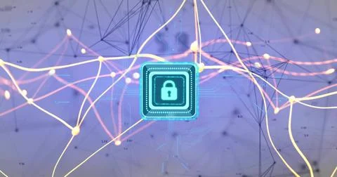 Floating square chip showcasing glowing padlock icon within mesh network, nodes Illustrazione stock
