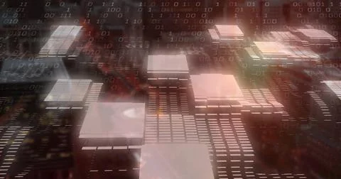 Floating square platforms forming staggered rows on digital circuit board, with Foto stock