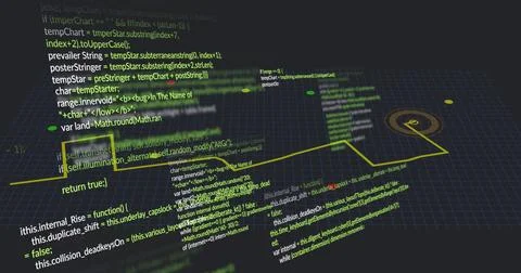 Floating stacked angled code panels traversing dark 3D grid plane, with yellow Stock Illustration