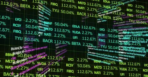 Floating stock tickers scrolling through data dashboard, with code snippets and Stock Illustration