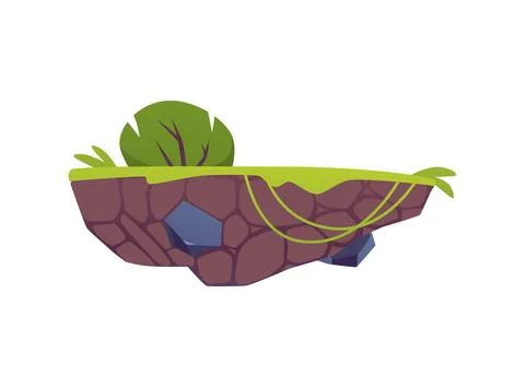 Floating stone platform with green grass and trees for game design. Illustrazione stock