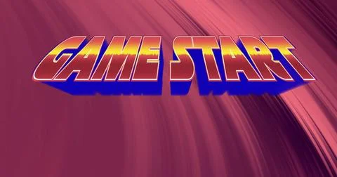 Floating stylized 3D GAME START text swirling in virtual graphic space, Stock Photos