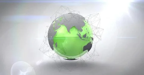 Floating stylized 3D globe glowing above circular base in studio, with wireframe Illustrazione stock