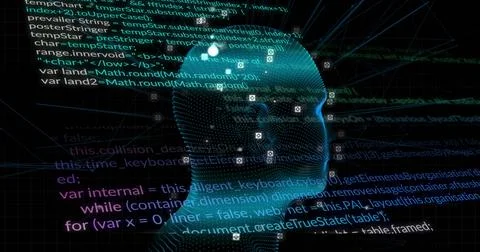 Floating stylized 3D head displaying code fragments in virtual cyberspace, Foto stock