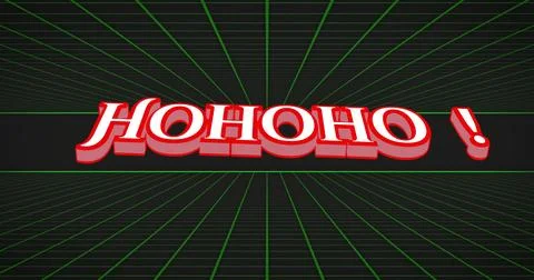 Floating stylized 3D HOHOHO! text hovering above retro neon grid stage, with Stock Illustration