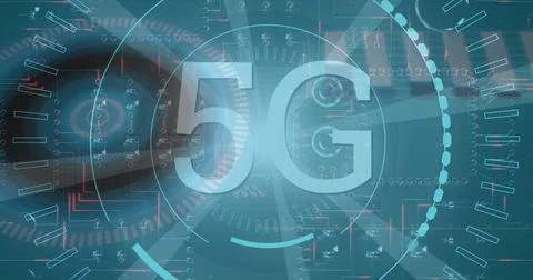 Floating stylized 5G text graphic in virtual interface, with concentric Stockfoto's