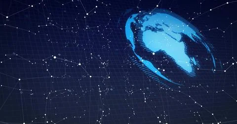 Floating stylized blue Earth globe glowing over dark grid with white nodes and Stock Illustration
