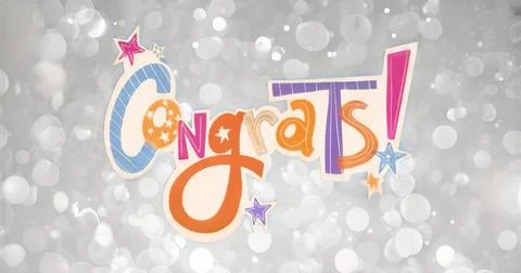 Floating stylized Congrats lettering dancing in digital composition, with dec Stock Illustration