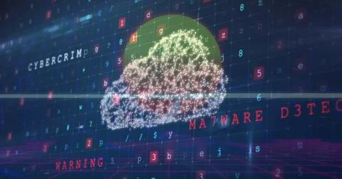 Floating stylized data cloud glowing over 3D grid plane, with red warning text Foto stock
