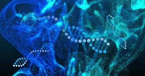 Floating stylized DNA double helix weaving through abstract particle cloud, Foto stock