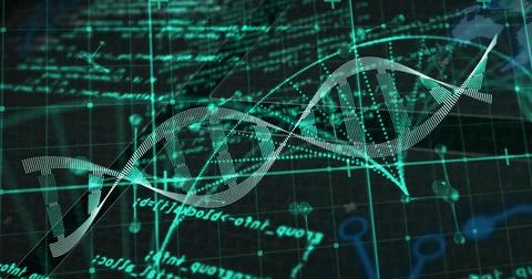 Floating stylized DNA helix over dark grid, with code strings, molecular icon 스톡 일러스트