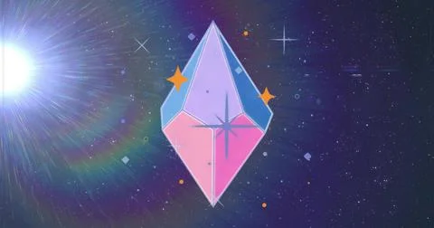 Floating stylized faceted crystal drifting in star-filled cosmic backdrop, wi Stock Illustration
