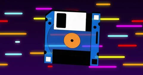 Floating stylized floppy disk gliding across purple digital canvas, with neon Stock Illustration