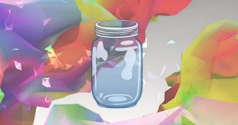 Floating stylized glass jar icon in low-poly digital scene, with translucent  Stock Illustration