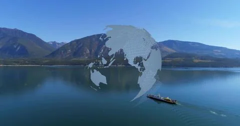 Floating stylized globe overlay covering mountain lake center, reflecting peaks, Stock Photos