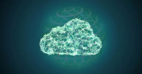 Floating stylized neon green network cloud in abstract digital scene, with faint Stockillustratie