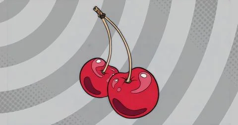 Floating stylized red cherries against abstract gray backdrop, with brown stems Stock Illustration