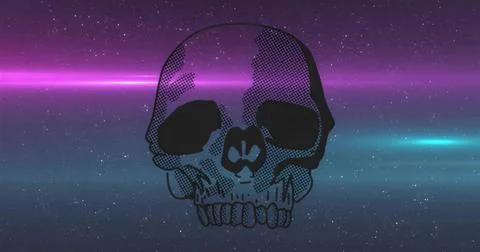 Floating stylized skull illustration drifting in cosmic background, with mage Stock Illustration