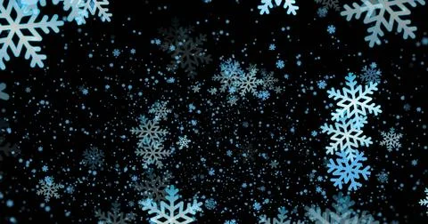 Floating stylized snowflakes drifting across black digital background, varying Illustrazione stock