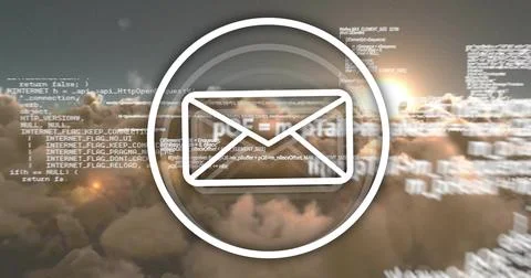 Floating stylized white envelope icon hovering above vast cloud layer, with Stock Photos