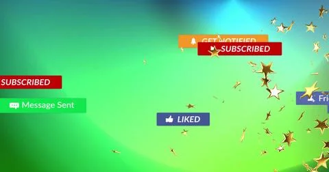 Floating SUBSCRIBED, Message Sent, LIKED, GET NOTIFIED badges and gold stars on Stock Photos