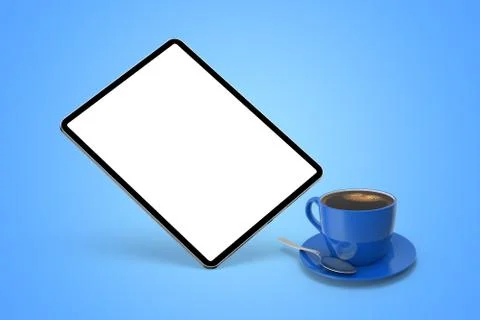 Floating tablet mockup and coffee cup on the blue isolated background. Stock Illustration