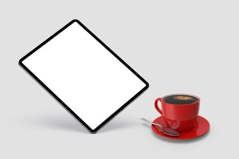 Floating tablet mockup and coffee cup on the white isolated background. Stock Illustration