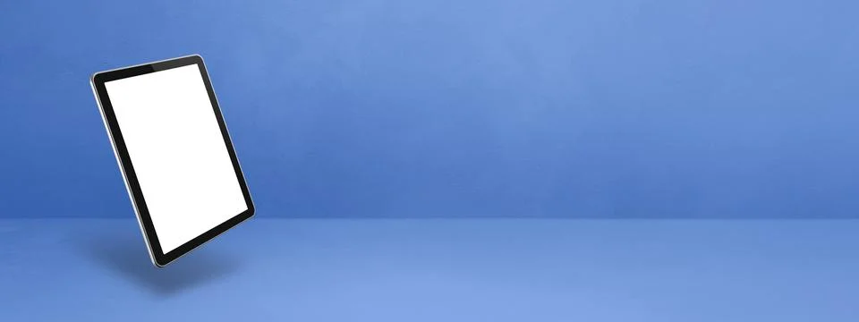 Floating tablet pc computer isolated on blue. Horizontal banner background Stock Illustration