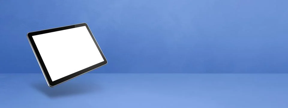 Floating tablet pc computer isolated on blue. Horizontal banner background Stock Illustration