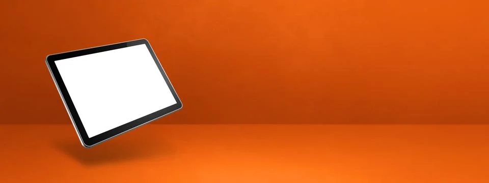 Floating tablet pc computer isolated on orange. Horizontal banner background Stock Illustration