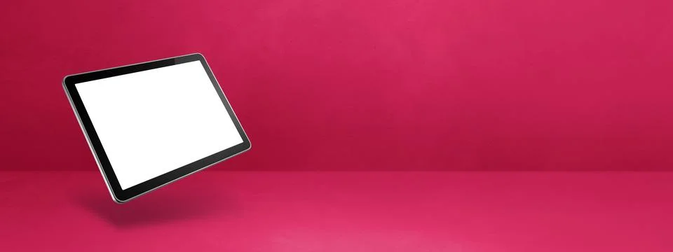 Floating tablet pc computer isolated on pink. Horizontal banner background Stock Illustration