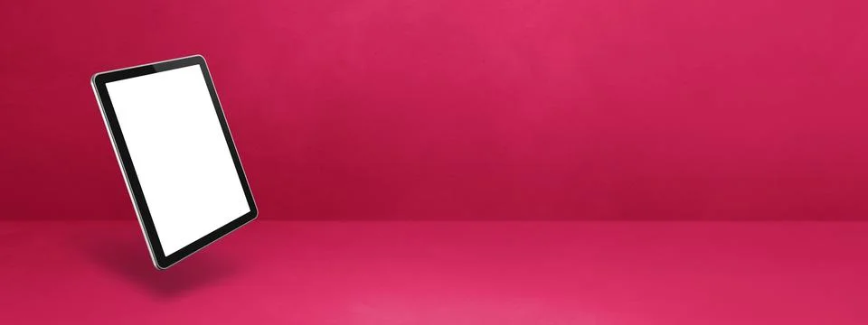 Floating tablet pc computer isolated on pink. Horizontal banner background Illustrazione stock