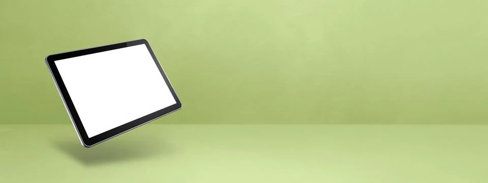Floating tablet pc computer isolated on green. Horizontal banner background Stock Illustration