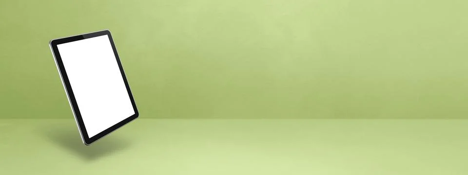 Floating tablet pc computer isolated on green. Horizontal banner background Stock Illustration